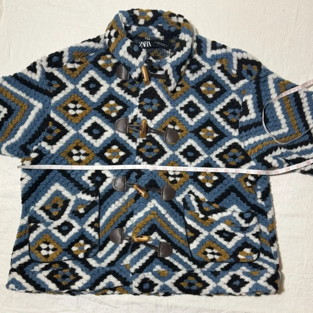 Zara Blue Black White Brown Geometric Toggle Teddy Coat - Picture 11 of 16